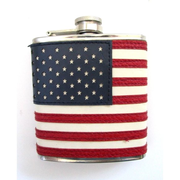 AMERICAN FLAG FLASK USA 6oz Patriotic Stainless Steel Screw Top Stitched Leather - Picture 3 of 14